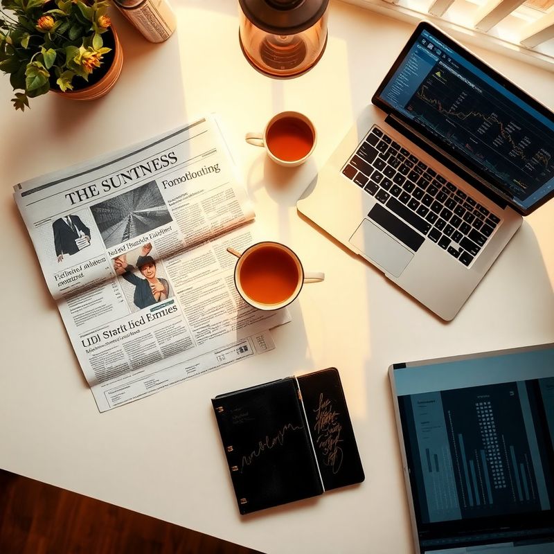 Overhead flat-lay of an editorial desk with newspapers, a charcoal notebook, a cup of chai, and a laptop dashboard